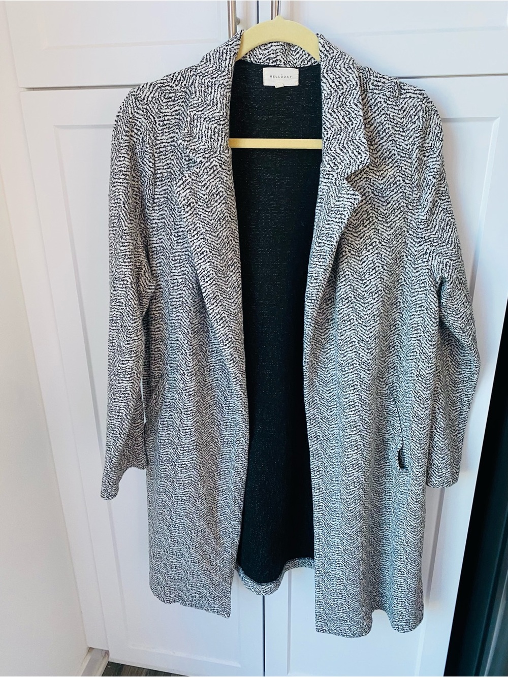 Melloday women’s large black white houndstooth checkered cardigan coat open fron
